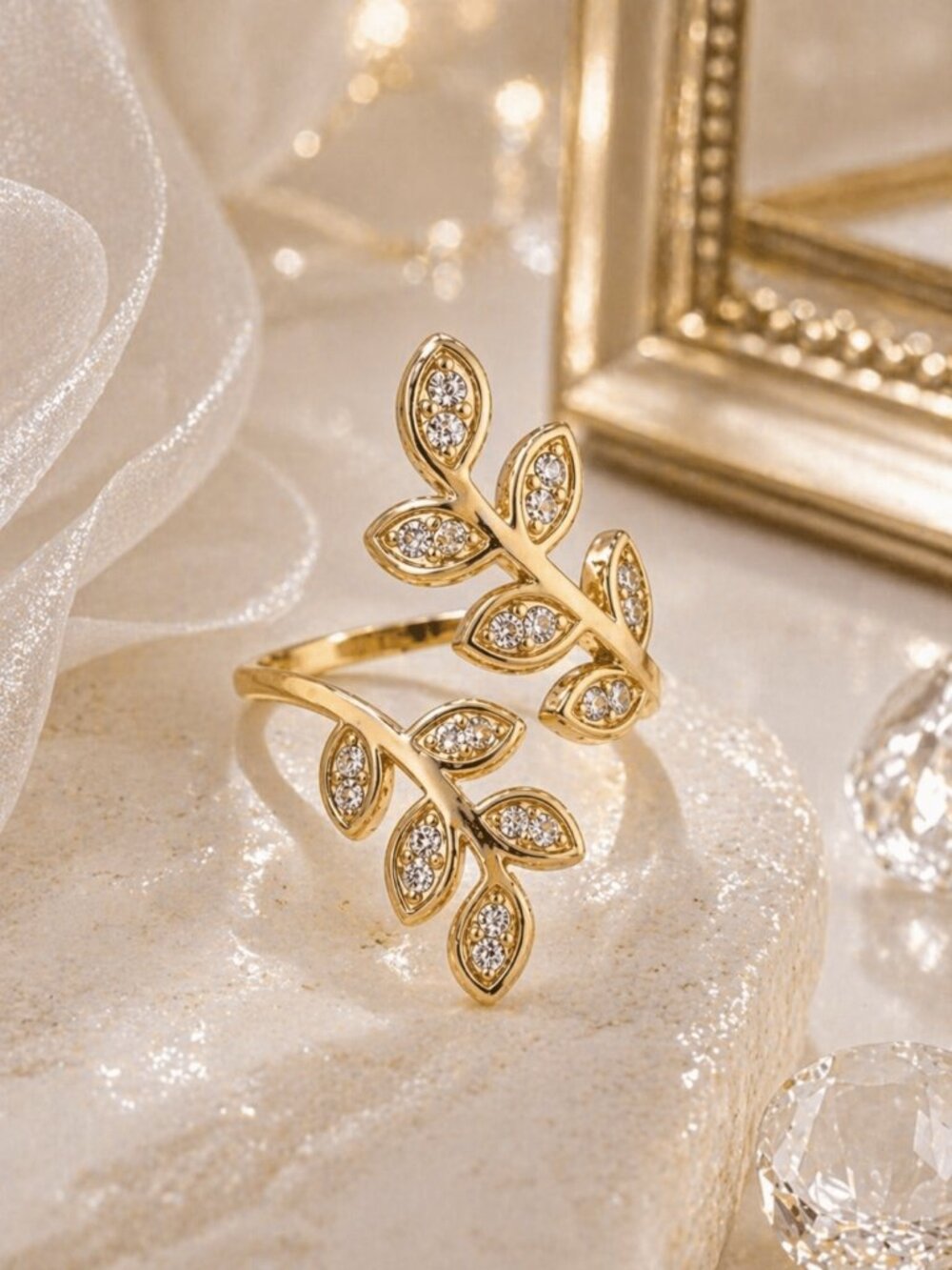 CZ Leaf Branch Vine Wrap Ring 18K Gold Plated Adjustable Size 6-10 Cottagecore